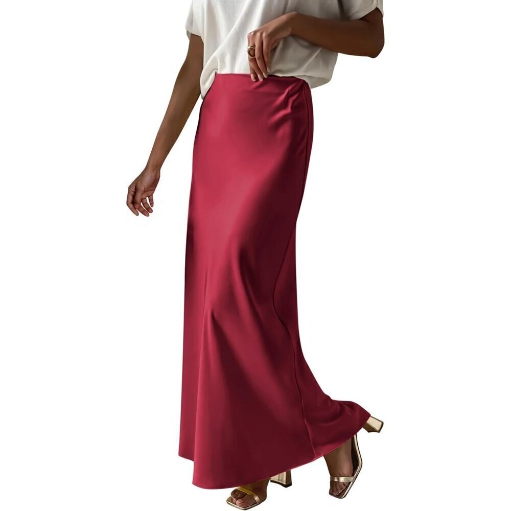 Women Wine Red Maxi Dressy Casual Zipped High Waisted Silk Elegant Long Skirt